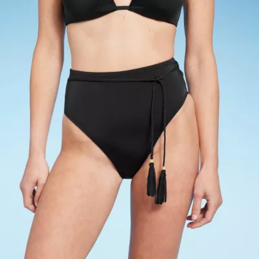 Women's High Waist High Leg Bead Detail Belted Bikini Bottom - Shade & Shore L